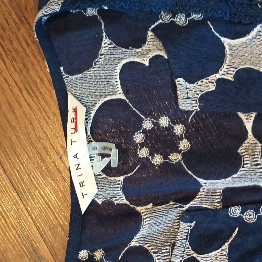 Trina Turk Blue White Embroidered Floral Sheer Blouse I - Picture 2 of 6